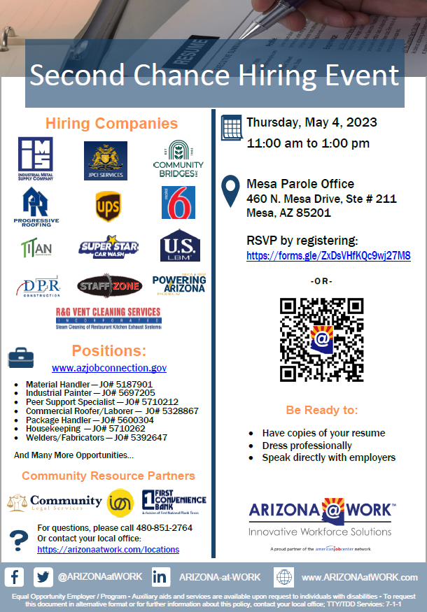 Second Chance Hiring Event - May 4, 2023 - 11:00 am to 1:00 pm