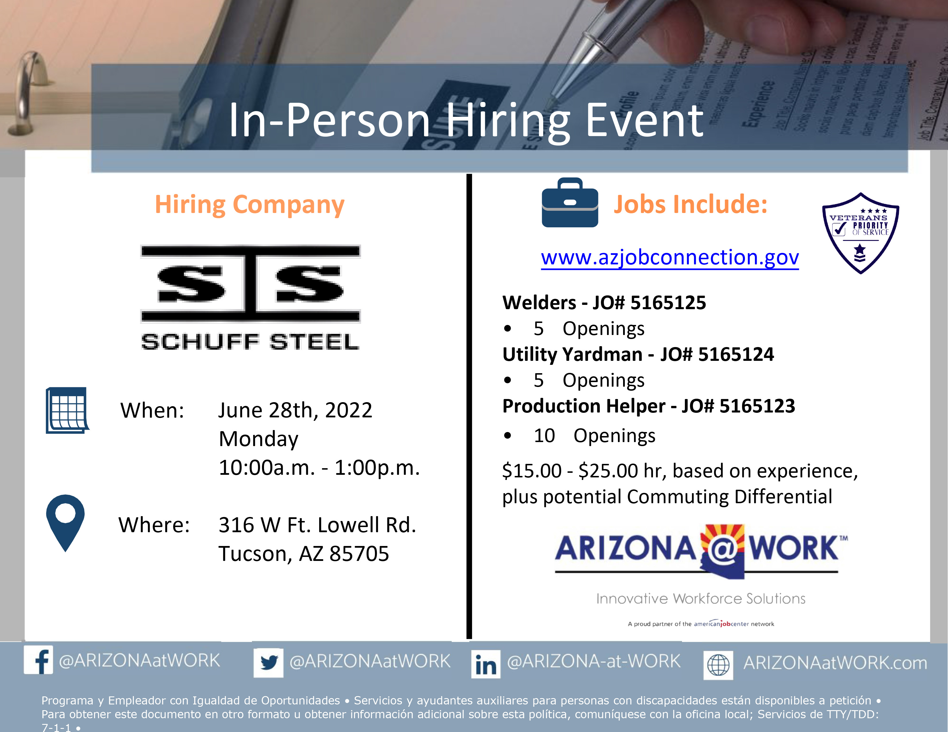 Schuff Steel hiring event flyer for June 28 event