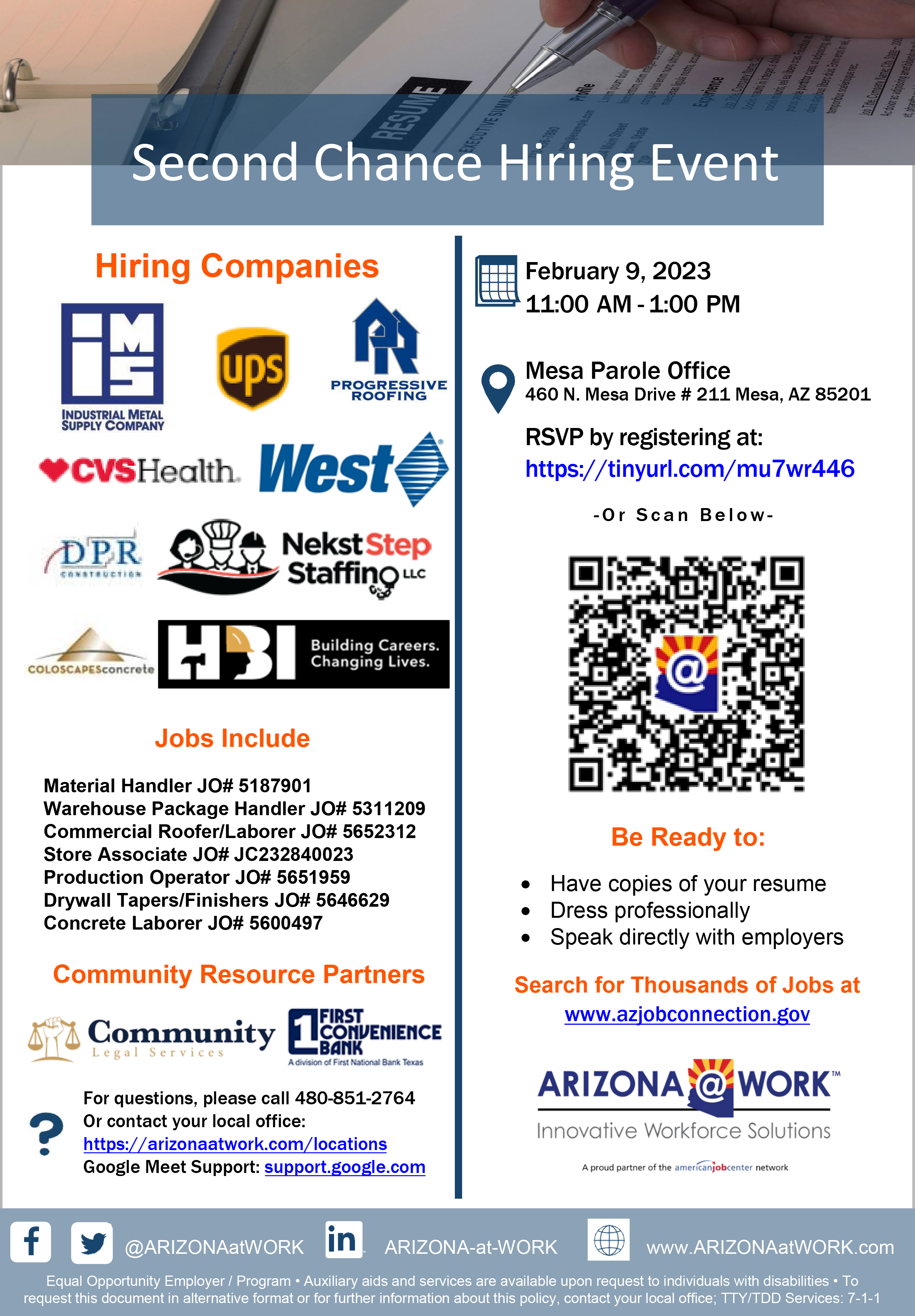 Second Chance Hiring Event Flyer Mesa Parole 2-9-2023