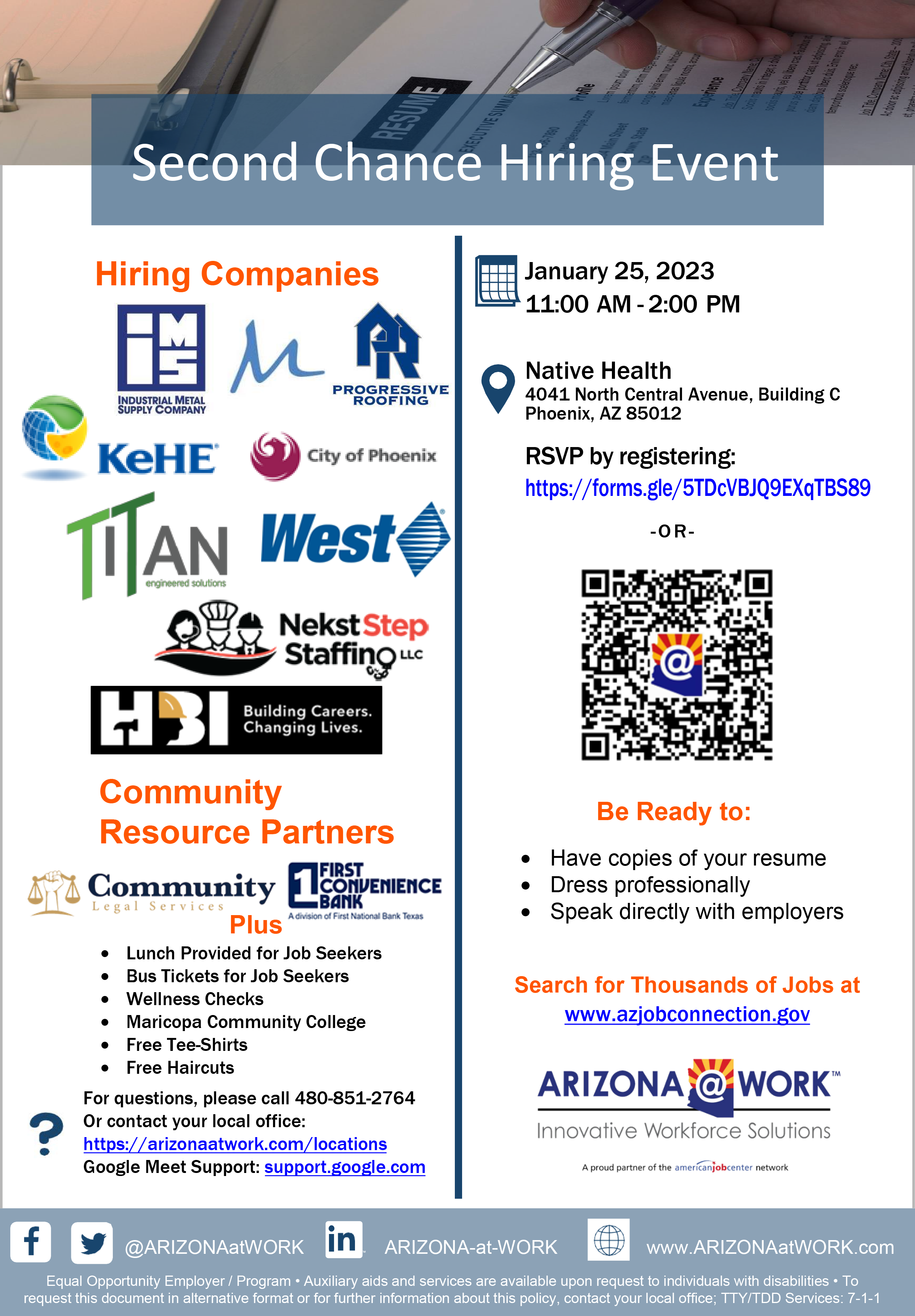 Second Chance Hiring Event Flyer Native Health 1-25-2023