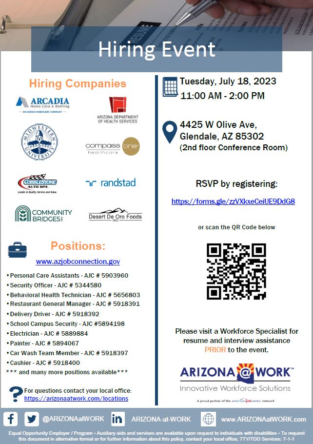 In-Person Hiring Event - July 18, 2023 (Glendale area)