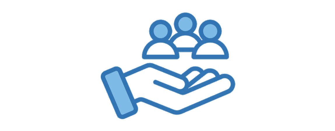 Blue illustration of an open hand with three person icons above it on a black background.