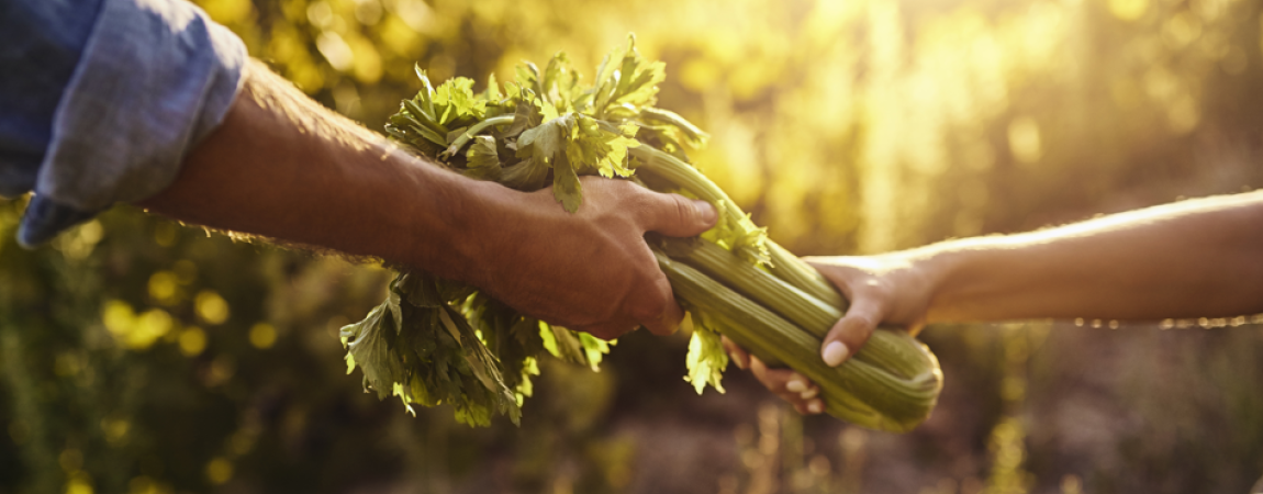 A person hands a bunch of celery to another person.