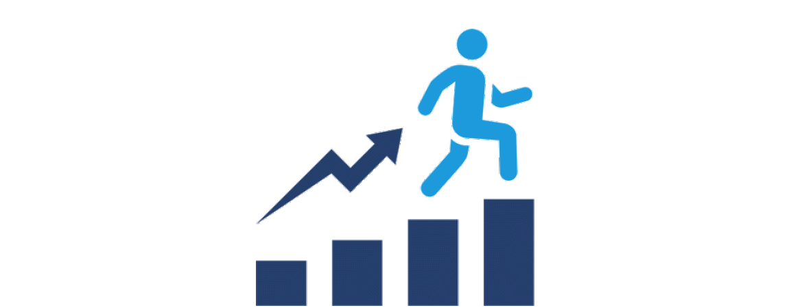 Illustration of a person climbing upward on a bar graph with an ascending arrow.