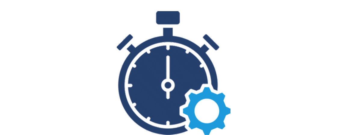 Stylized blue stopwatch with a gear icon.