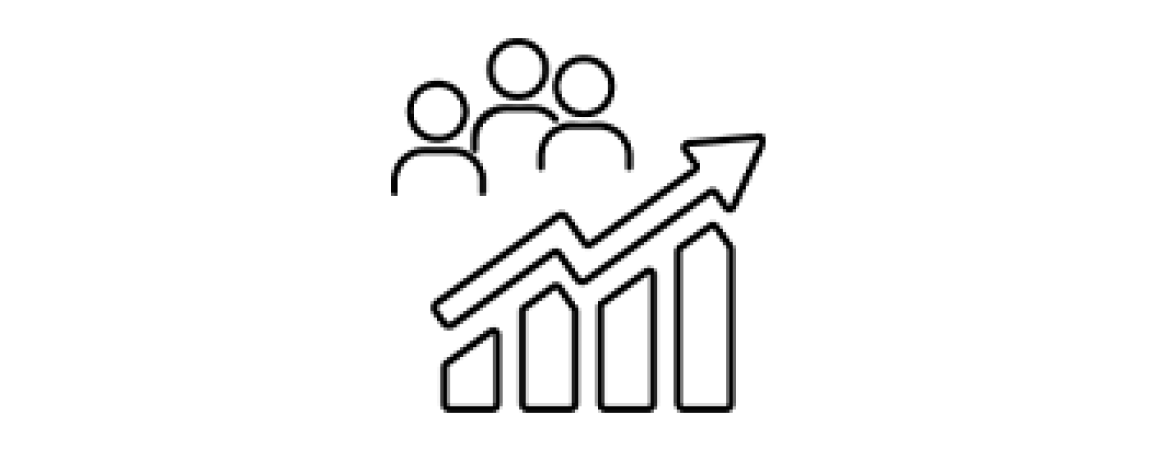 A group of people standing above a bar chart, symbolizing data analysis.